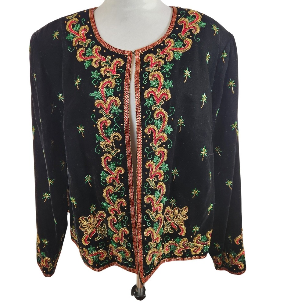 Vtg Papell Boutique Evening Black Velvet Beaded Holiday Jacket Size 2X Christmas